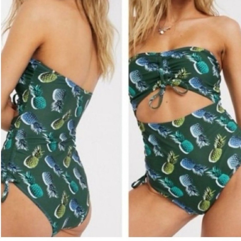 AERIE One Piece‎ Full Coverage Ruched Cut Out Pineapple Swimsuit Large Long